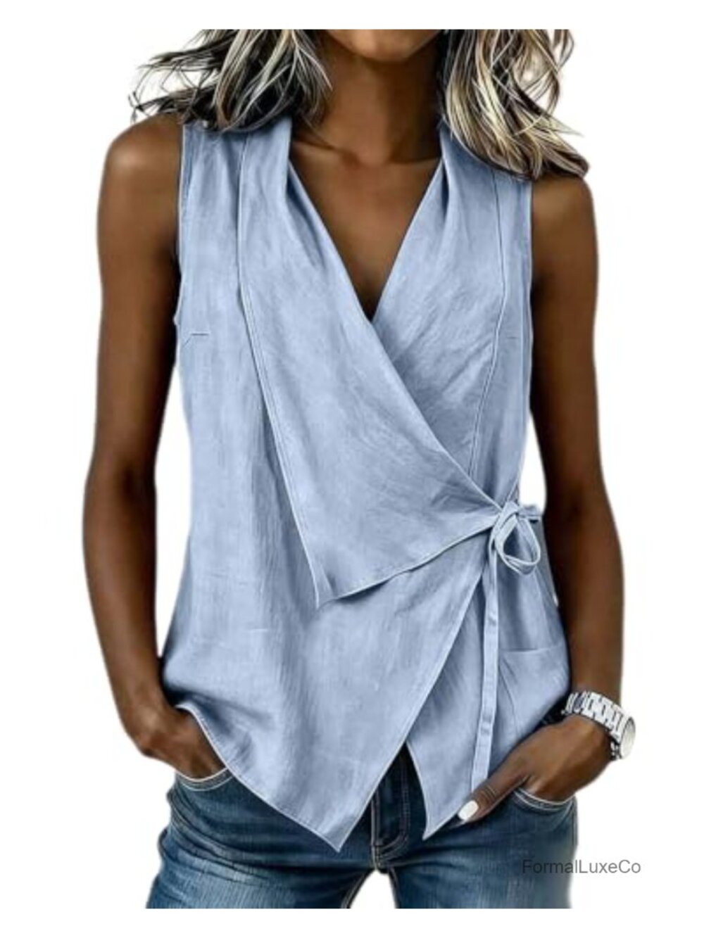 Women Sleeveless Wrap V Neck Cotton Linen Tank Top Side Tie Casual Shirt